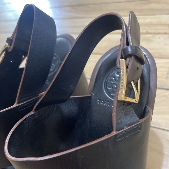 Tory Burch Genuine Leather Platform Wedge Heels Women 6 Black Boho Gold Buckle - Picture 14 of 16